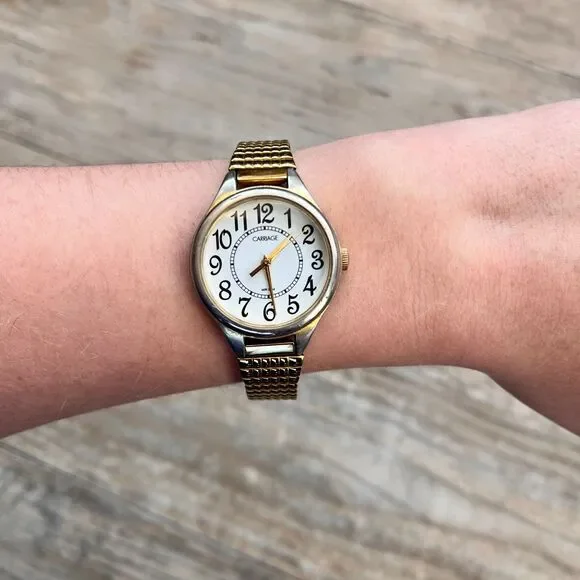 Carriage Gold Stretch Watch White Dial Arabic Numerals Classic Vintage Antique - Picture 6 of 9